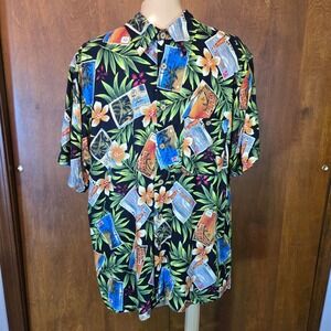 Imprints Mens Shirt Black Large Postcard Print Tropical Rayon Button Up Vintage